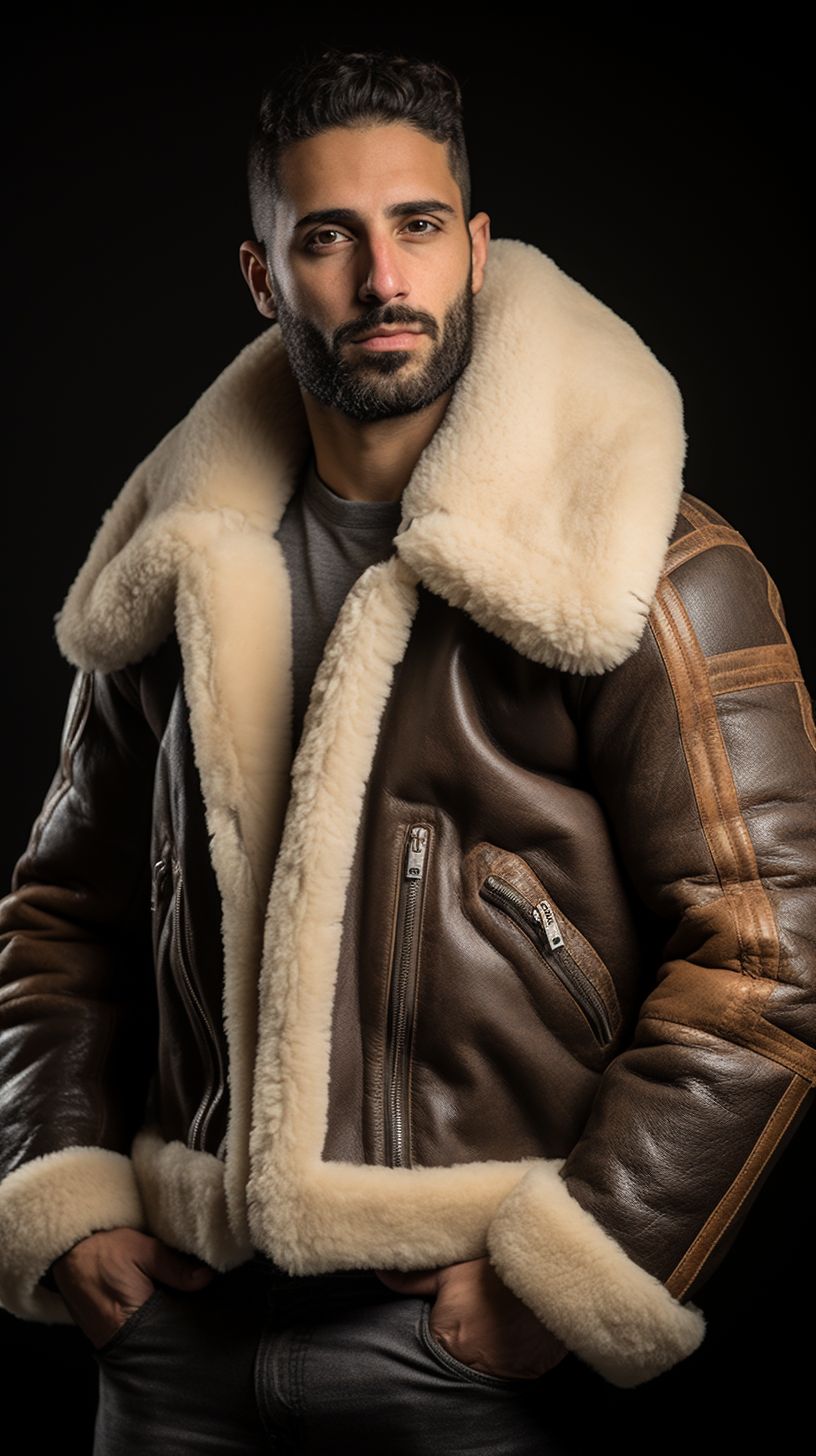 Focus sur un col en fourrure de mouton d'un blouson aviateur en cuir, soulignant le luxe et le confort.
