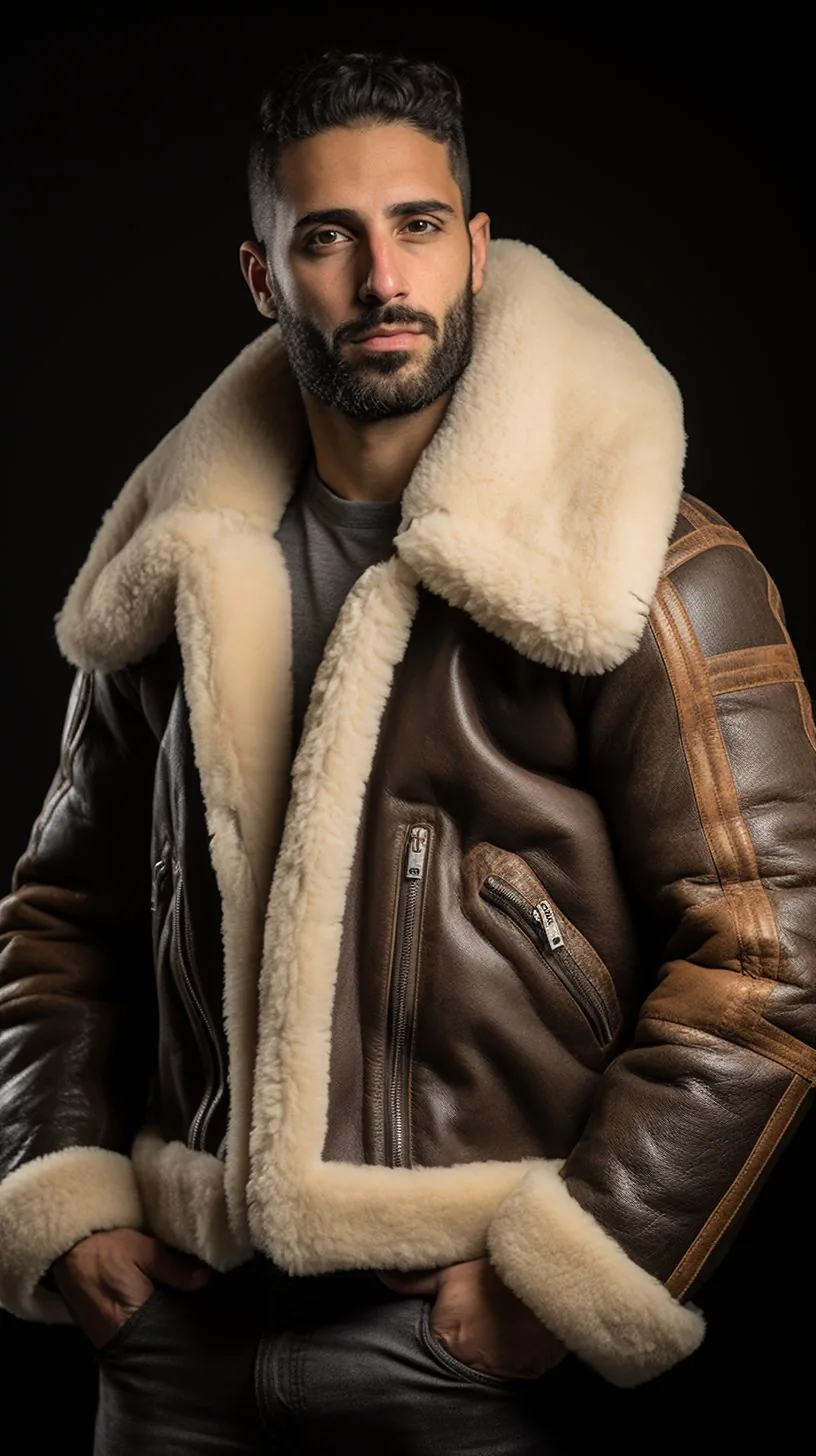 Focus sur un col en fourrure de mouton d'un blouson aviateur en cuir, soulignant le luxe et le confort.