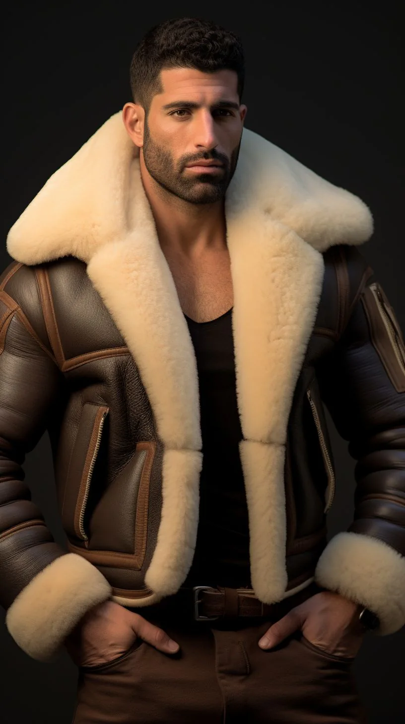 Blouson aviateur en cuir avec un col en fourrure de mouton large et imposant, offrant un style distinctif et luxueux.