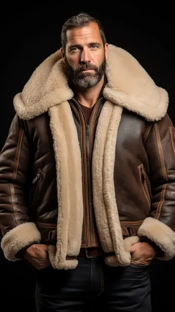 Blouson aviateur en cuir à col large en mouton retourné — planche 512