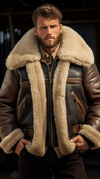 Blouson aviateur en cuir à col large en mouton retourné — planche 519
