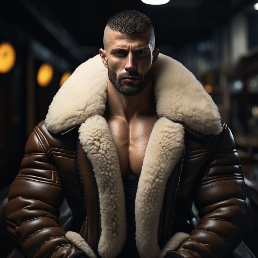Détail d'un blouson aviateur en cuir avec une fourrure de mouton épaisse, offrant chaleur et style.