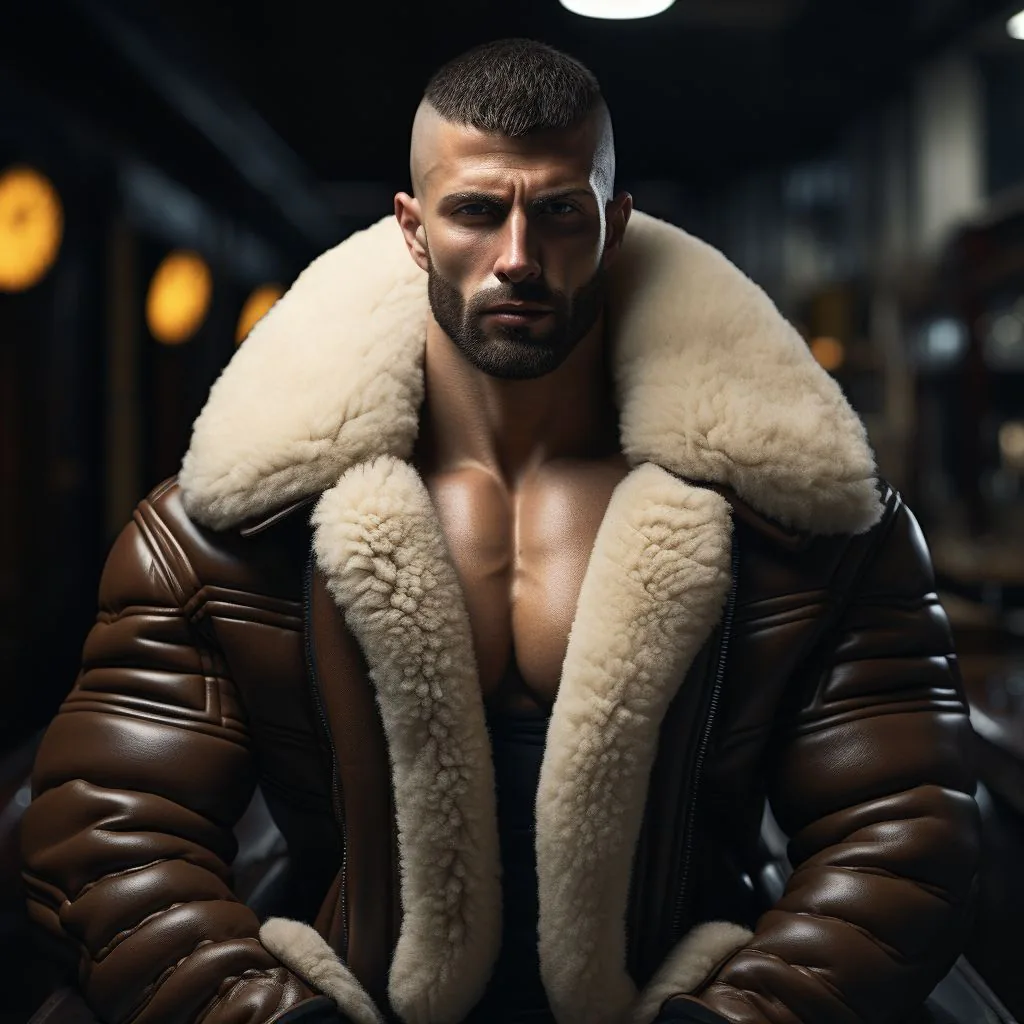 Détail d'un blouson aviateur en cuir avec une fourrure de mouton épaisse, offrant chaleur et style.