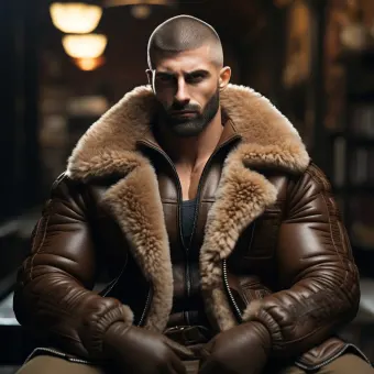 Blouson aviateur en cuir à fourrure de mouton épaisse et dense — planche 6