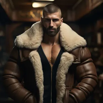Blouson aviateur en cuir à fourrure de mouton épaisse et dense — planche 74