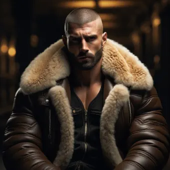 Blouson aviateur en cuir à fourrure de mouton épaisse et dense — planche 237