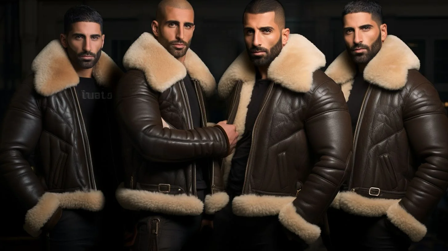 Groupe d'hommes portant des blousons aviateurs en cuir, illustrant la camaraderie et le style.