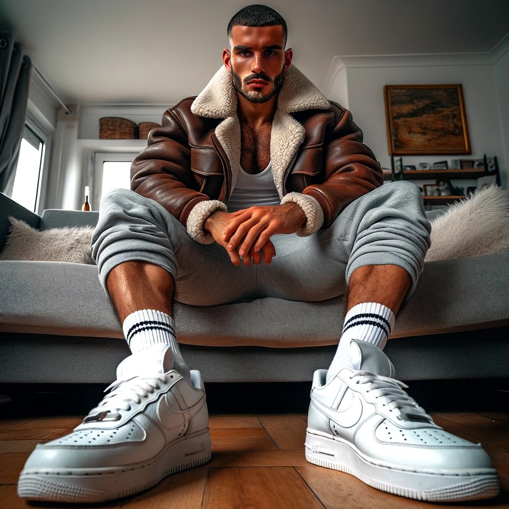 Combinaison décontractée d'un blouson aviateur en cuir avec des baskets, fusionnant style classique et moderne.