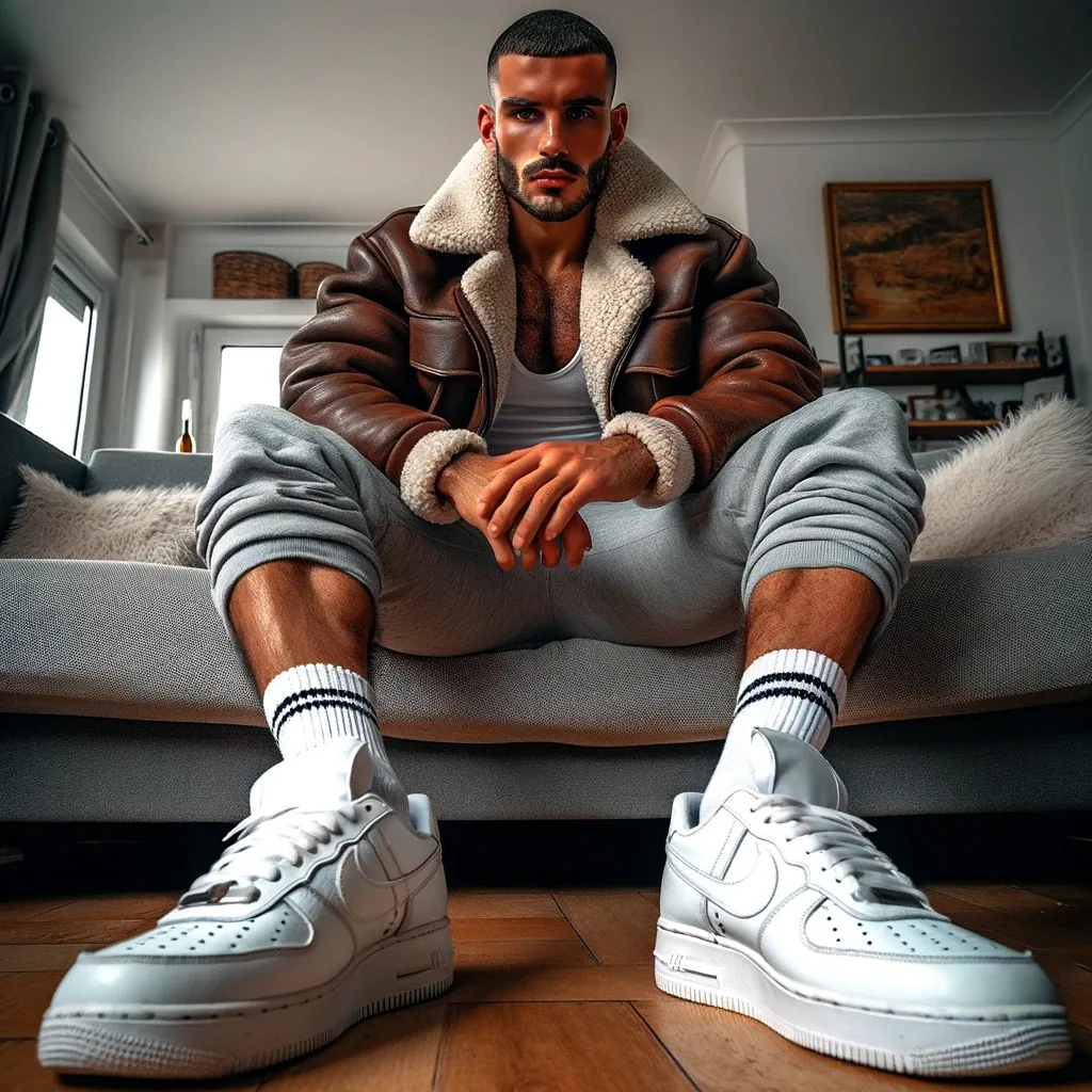 Combinaison décontractée d'un blouson aviateur en cuir avec des baskets, fusionnant style classique et moderne.