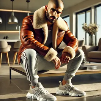 Homme barbu en blouson aviateur fourrure et baskets — planche 29