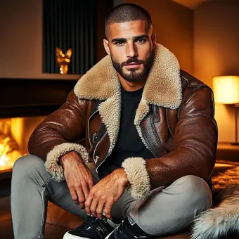 Homme barbu en blouson aviateur fourrure et baskets — planche 35