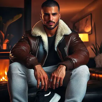 Homme barbu en blouson aviateur fourrure et baskets — planche 40