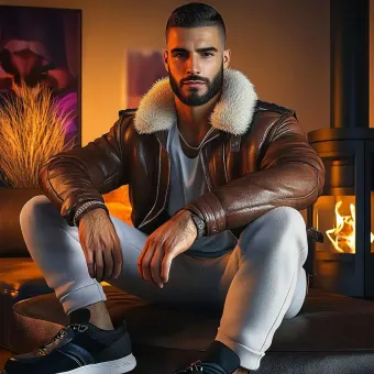 Homme barbu en blouson aviateur fourrure et baskets — planche 49