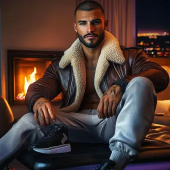 Homme barbu en blouson aviateur fourrure et baskets — planche 54