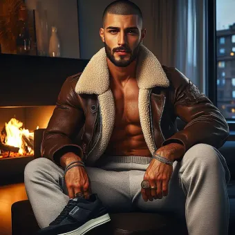 Homme barbu en blouson aviateur fourrure et baskets — planche 63
