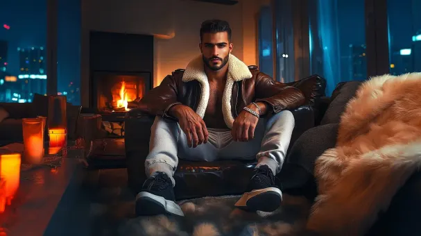 Homme barbu en blouson aviateur fourrure et baskets — planche 75