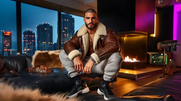 Homme barbu en blouson aviateur fourrure et baskets — planche 81
