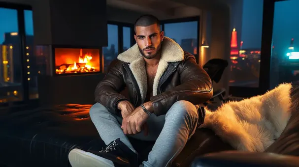 Homme barbu en blouson aviateur fourrure et baskets — planche 92