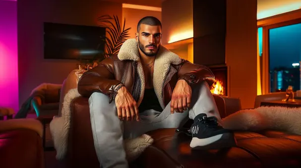 Homme barbu en blouson aviateur fourrure et baskets — planche 109