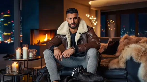 Homme barbu en blouson aviateur fourrure et baskets — planche 122
