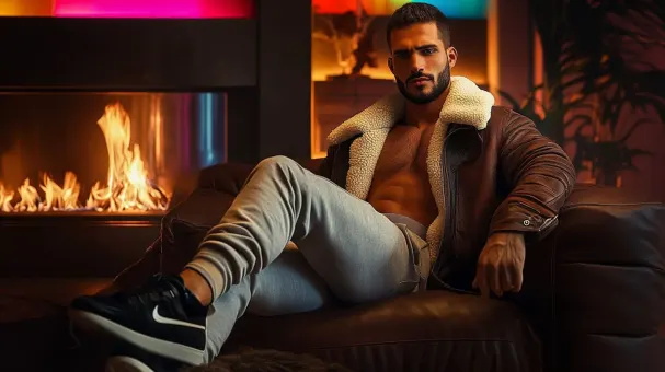 Homme barbu en blouson aviateur fourrure et baskets — planche 143