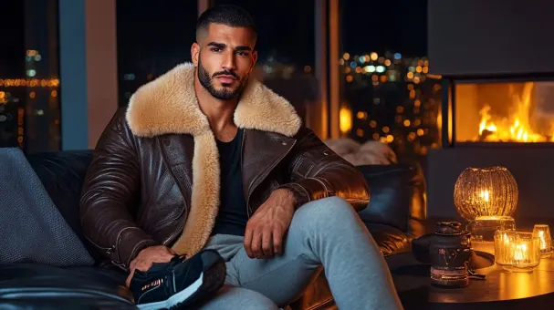 Homme barbu en blouson aviateur fourrure et baskets — planche 152