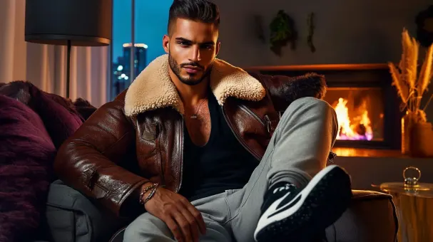 Homme barbu en blouson aviateur fourrure et baskets — planche 207