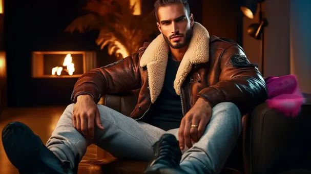 Homme barbu en blouson aviateur fourrure et baskets — planche 215