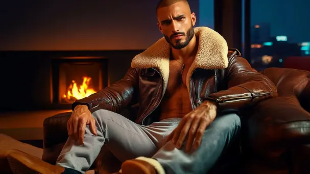 Homme barbu en blouson aviateur fourrure et baskets — planche 224