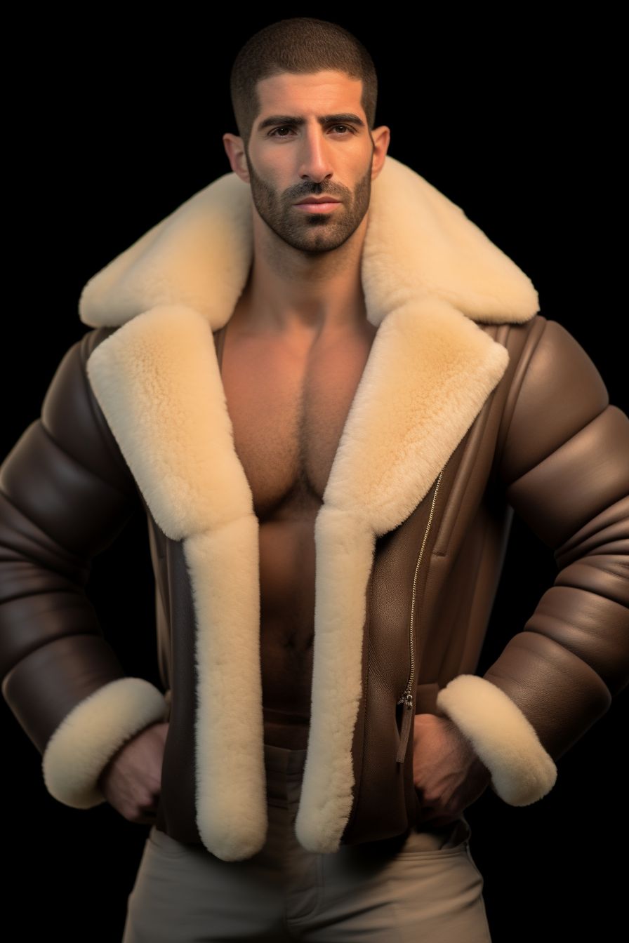 Blouson aviateur en cuir avec un col en fourrure de mouton surdimensionné, mettant en valeur le design audacieux.