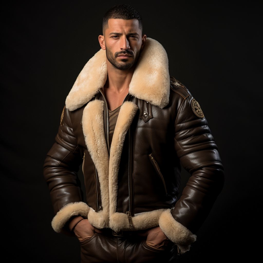 Homme musclé portant un blouson aviateur en cuir avec une fourrure de mouton, représentant la force et la masculinité.
