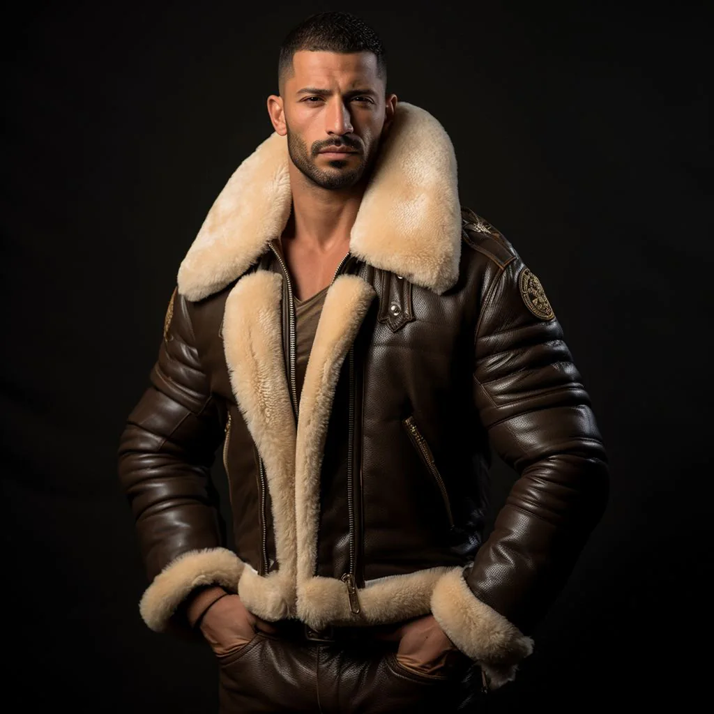 Homme musclé portant un blouson aviateur en cuir avec une fourrure de mouton, représentant la force et la masculinité.