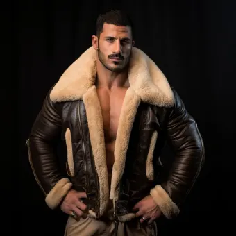 Homme à forte carrure en blouson aviateur cuir et mouton — planche 2