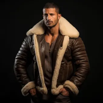 Homme à forte carrure en blouson aviateur cuir et mouton — planche 26
