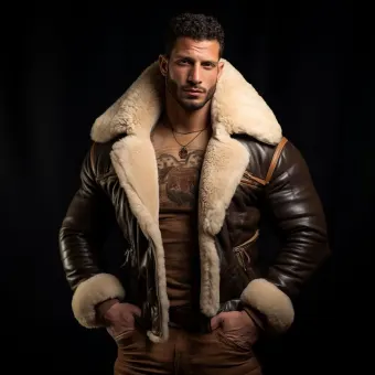 Homme à forte carrure en blouson aviateur cuir et mouton — planche 29
