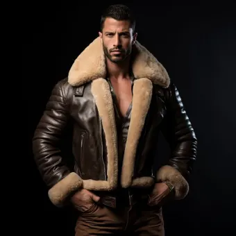 Homme à forte carrure en blouson aviateur cuir et mouton — planche 39