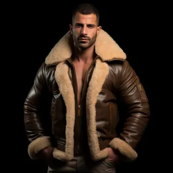 Homme à forte carrure en blouson aviateur cuir et mouton — planche 49