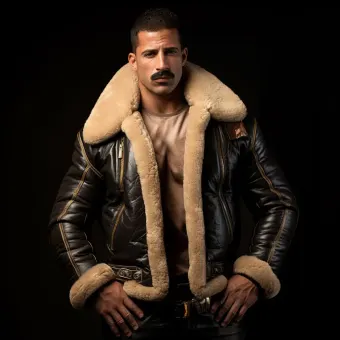 Homme à forte carrure en blouson aviateur cuir et mouton — planche 58