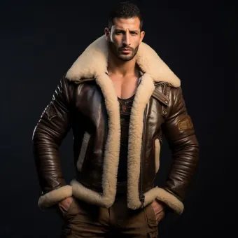 Homme à forte carrure en blouson aviateur cuir et mouton — planche 74