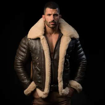 Homme à forte carrure en blouson aviateur cuir et mouton — planche 90