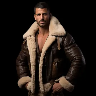Homme à forte carrure en blouson aviateur cuir et mouton — planche 96