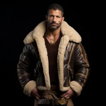 Homme à forte carrure en blouson aviateur cuir et mouton — planche 126