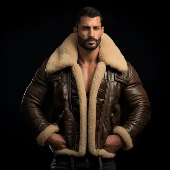 Homme à forte carrure en blouson aviateur cuir et mouton — planche 133