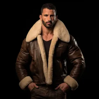Homme à forte carrure en blouson aviateur cuir et mouton — planche 207
