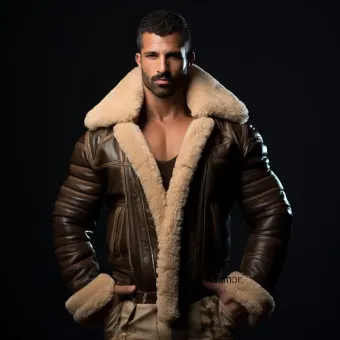 Homme à forte carrure en blouson aviateur cuir et mouton — planche 210