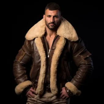Homme à forte carrure en blouson aviateur cuir et mouton — planche 229