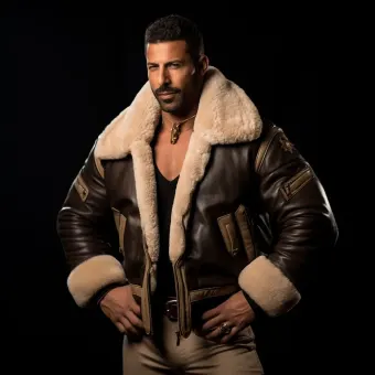 Homme à forte carrure en blouson aviateur cuir et mouton — planche 236