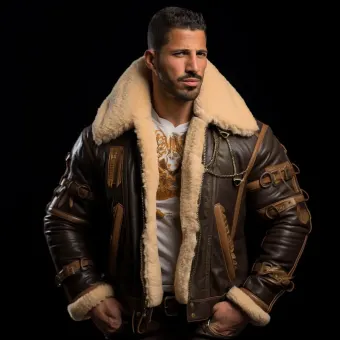 Homme à forte carrure en blouson aviateur cuir et mouton — planche 238