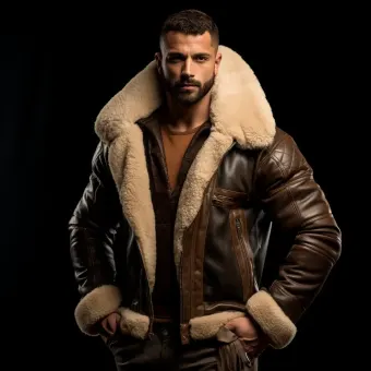 Homme à forte carrure en blouson aviateur cuir et mouton — planche 270