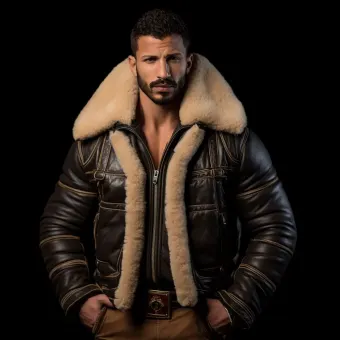 Homme à forte carrure en blouson aviateur cuir et mouton — planche 281